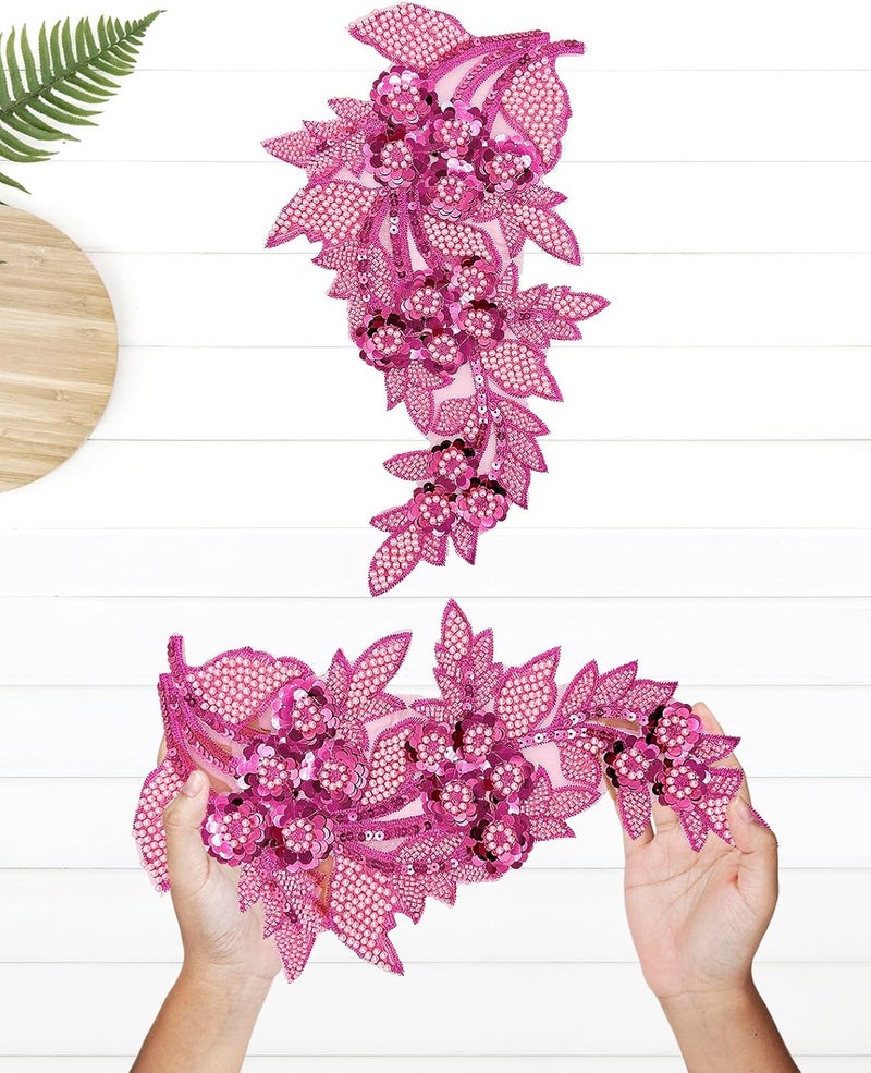 SAIXCCS 1pc Large Flower Rhinestone Applique Hot Pink, Embroidery Sequin Patches for Clothes,Beaded Lace Applique for Wedding Bridal Dress Bodice Hat Sewing Craft for Girl Embellishment(Hot Pink) - Image 2